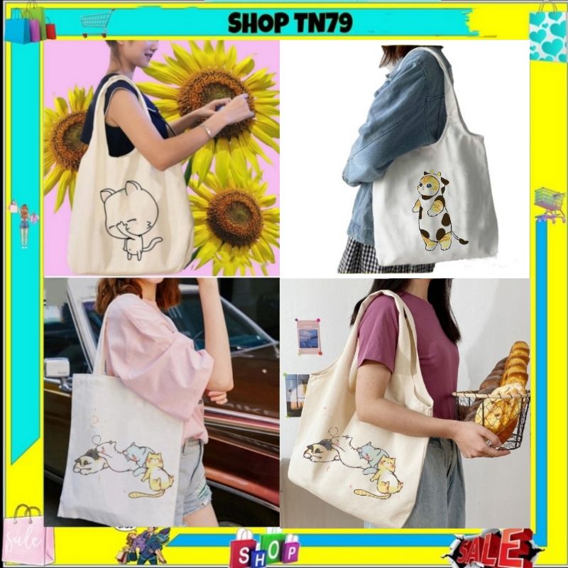 Túi tote vải đeo chéo canvas size to giá rẻ phong cách Hàn Quốc đi học đi chơi đều đẹp MÈO -T03