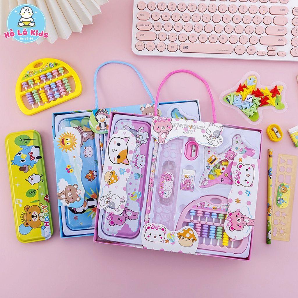 Bộ dụng cụ học tập 8 chi tiết hộp bút, bàn tính, thước kẻ, tẩy, bút chì dễ thương Hồ Lô Kids