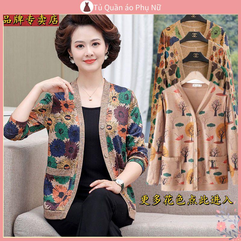 Quần Tây Nữ Lưng Cao Đầm Nữ Trung Niên Áo Khoác Cardigan Dệt Kim Mỏng Tay Dài Dáng Rộng Mùa Thu Cho Phụ Nữ Trung Niên Cỡ Lớn Tuổi