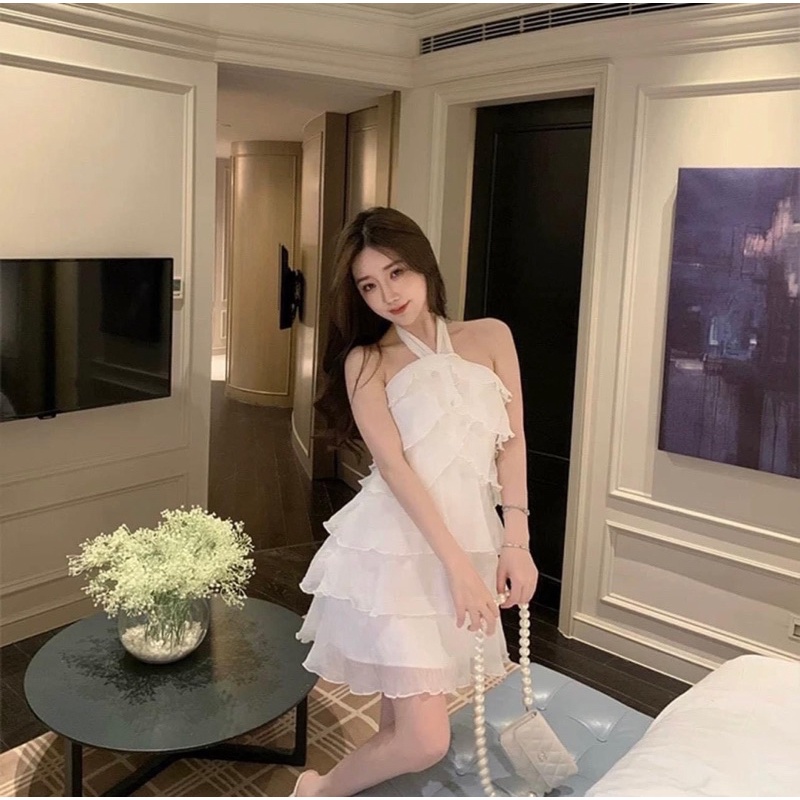 💕ĐẦM SUÔNG CỔ YẾM BÈO TẦNG TRẮNG/ĐEN XB💕GIMI