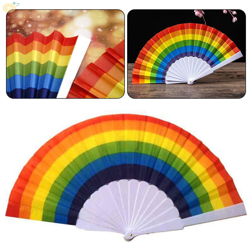 【VARSTR】Rainbow Folding Fan Rainbow Print Hand Held Fan White Base Pride Fan Fold