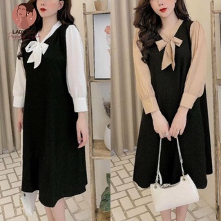 Váy suông nữ,đầm suông nữ dài tay tiểu thư phối tay thắt nơ xinh xắn