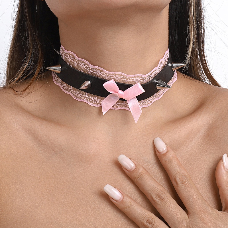 Vòng Cổ Choker Da Phối Ren Phong Cách Harajuku