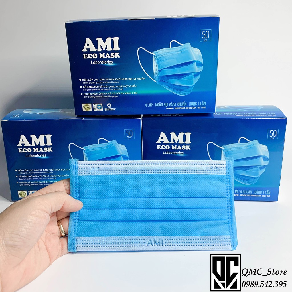 Khẩu trang y tế. Khẩu trang Ami 4 lớp màu Xanh <Giá Sốc> hàng chính hãng- Hộp 50 cái #QMC