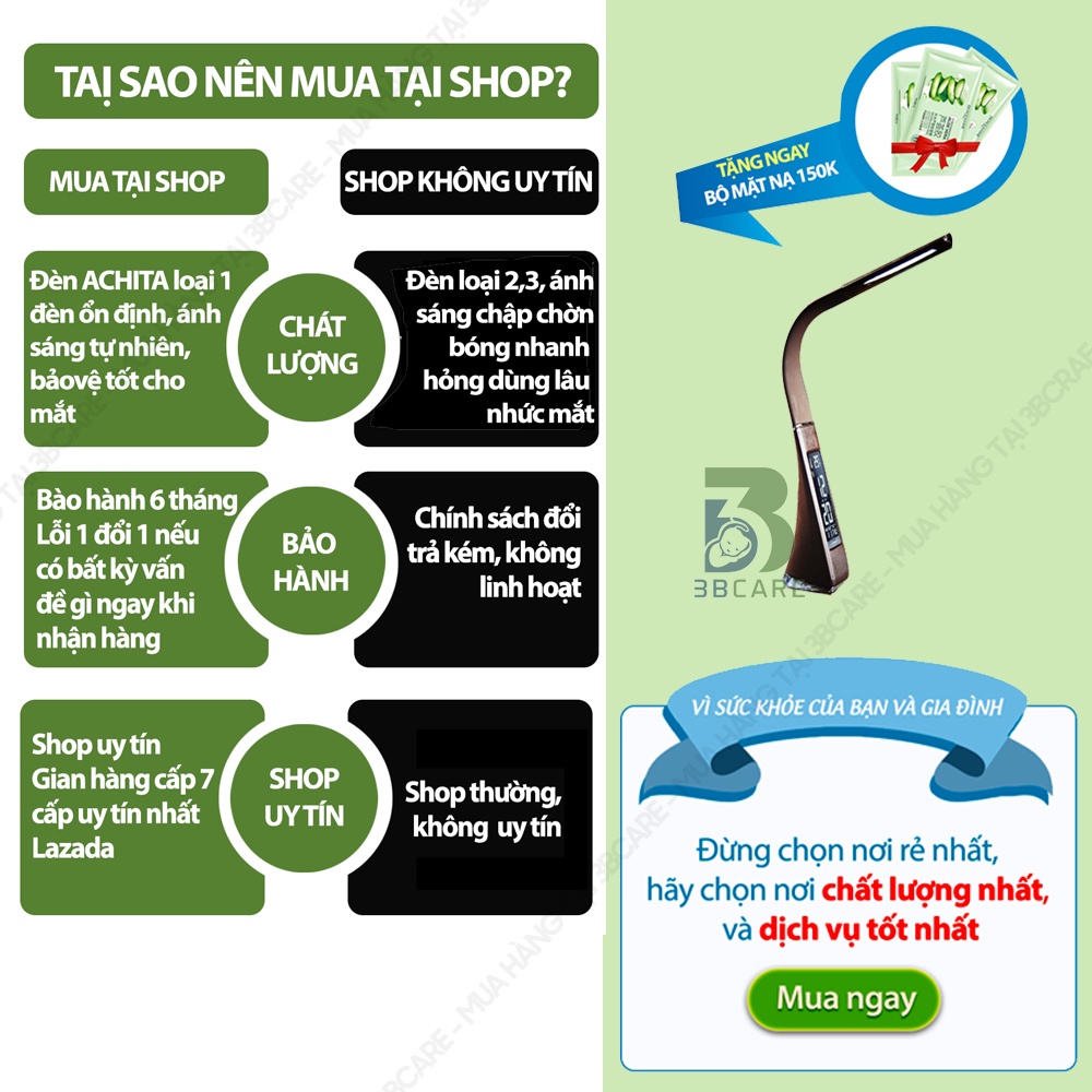 Đèn học chống cận ACHITA D22 tích điện bảo vệ mắt, đèn học để bàn chống cận tích hợp chuông báo thức - Shop 3B Care