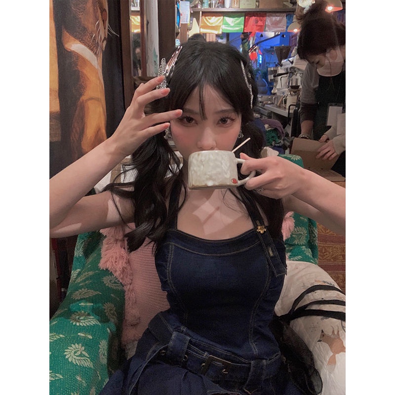 Đầm Denim Hai Dây Dáng Chữ a Ôm Eo Màu Trơn Quyến Rũ