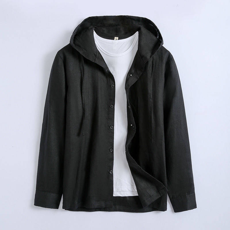 Áo Sơ Mi cotton Lanh Mỏng Dáng Rộng Có Mũ Trùm Màu Trơn Xuân Hè Cho Nam