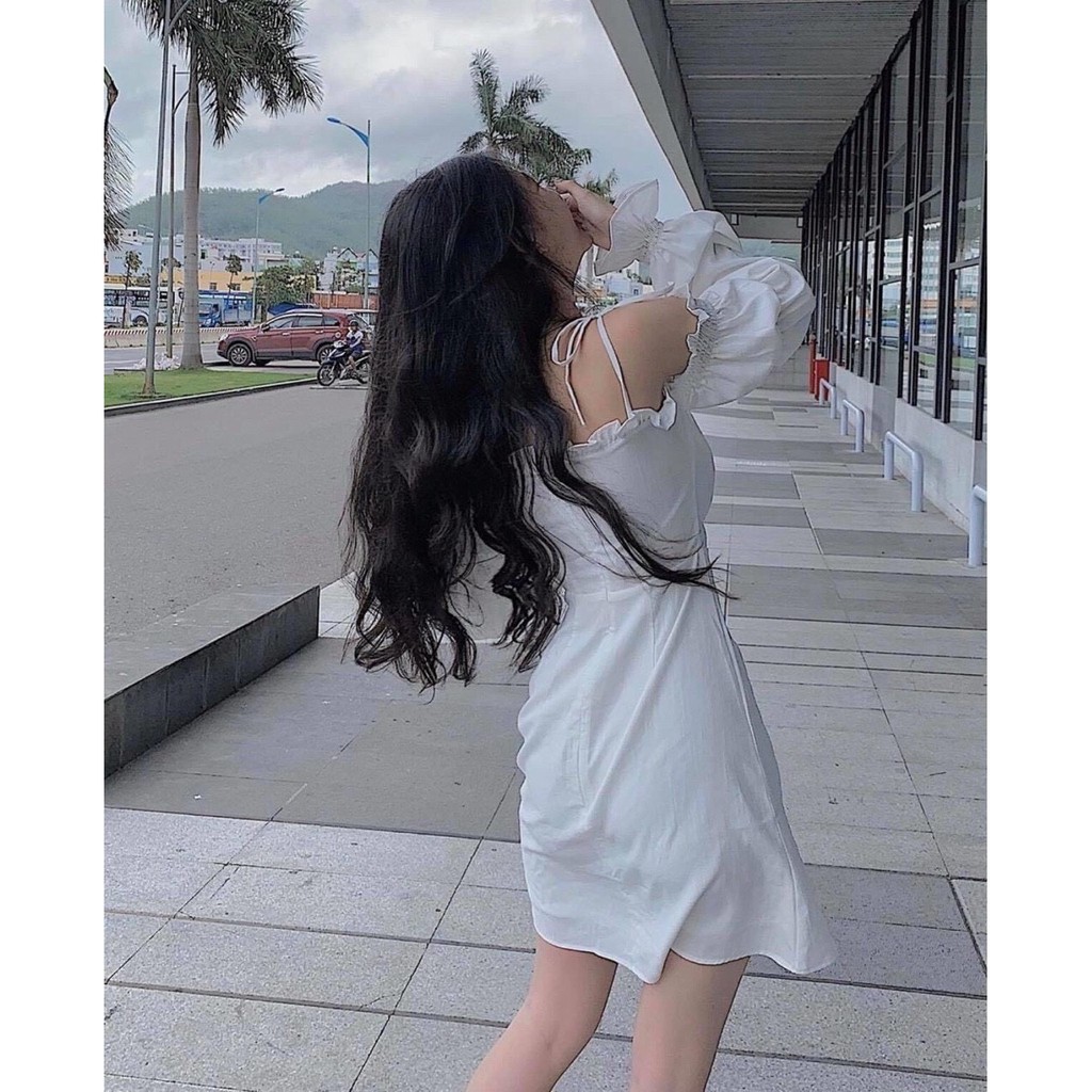 Váy đầm nữ hai dây trắng tinh khôi tay phồng màu trắng so cute
