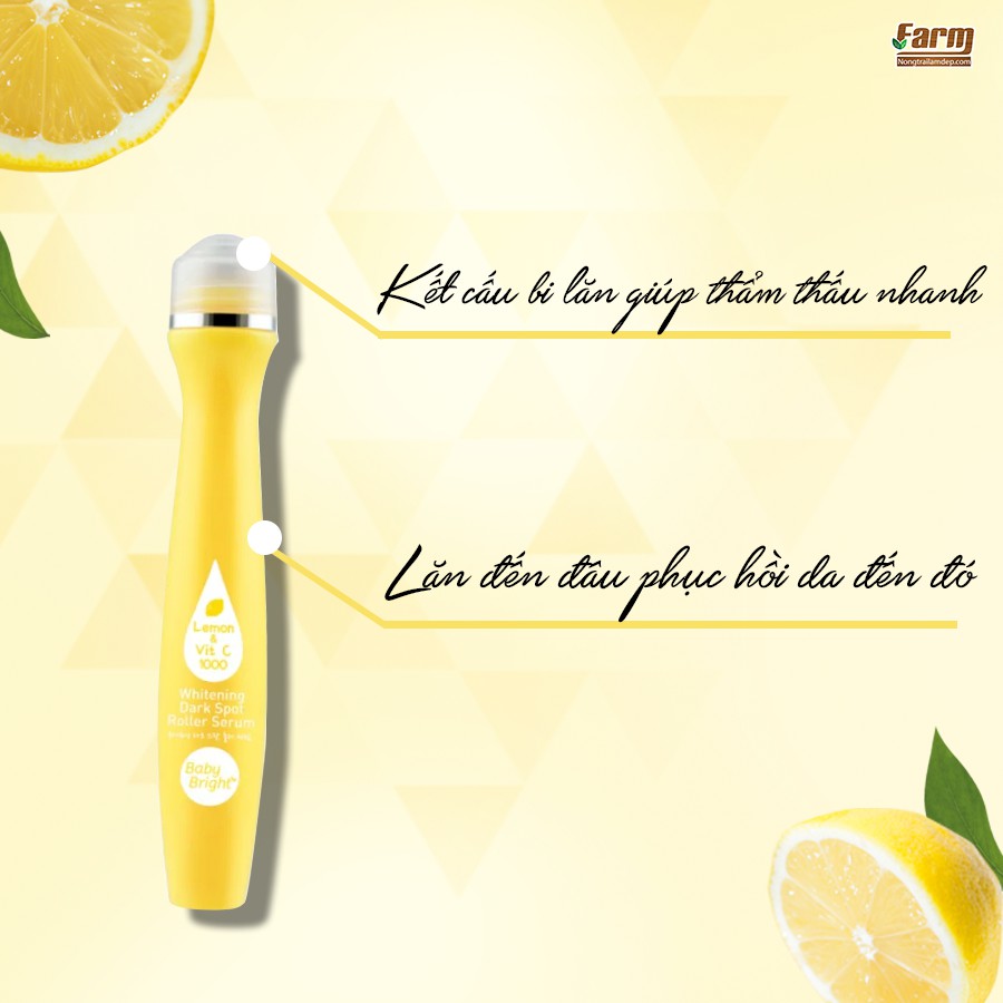 Cây lăn cải thiện thâm mụn Baby Bright Lemon & VitC Whitening Dark Spot Roller Serum 15ml + Tặng SRM Gạo 3W