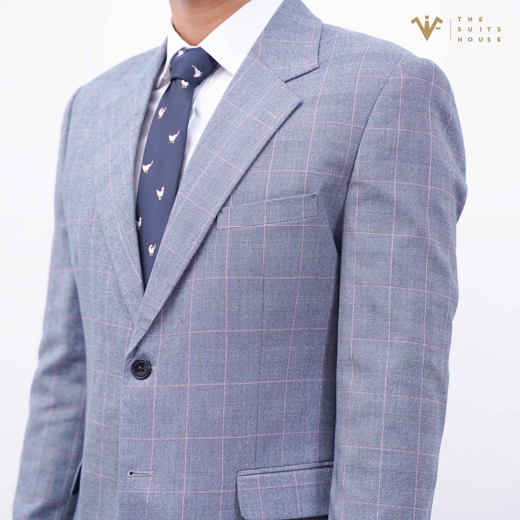 Bộ vest nam áo suits blazer quần tây xám kẻ ô, form ôm, sartorial, vải WOOL - The Suits House