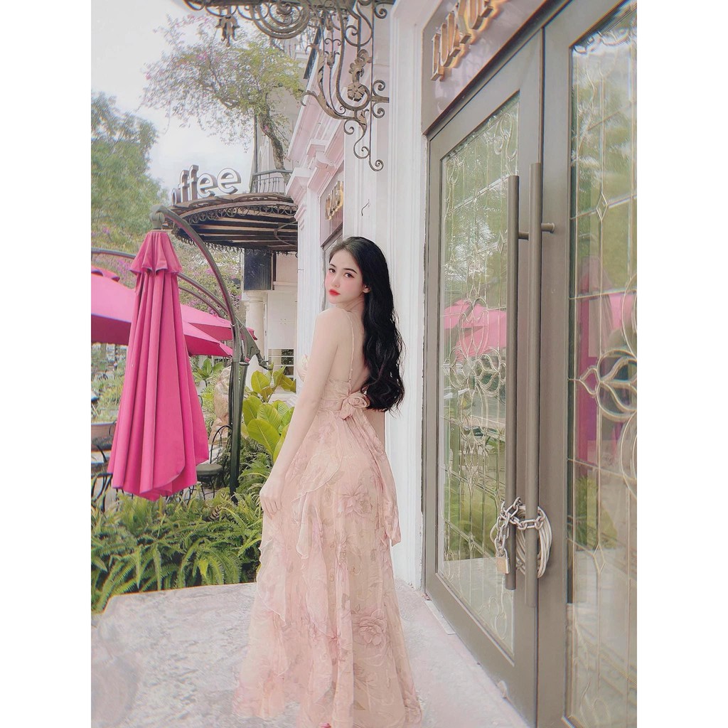 Đầm Maxi 2 Dây, Đuôi Bèo Xòe, Chíp Eo Nơ Lưng, Họa Tiếc hoa (ECH005) - Vải Voan - 2 Màu Xanh, Nude - Thích hợp Đi Chơi | BigBuy360 - bigbuy360.vn