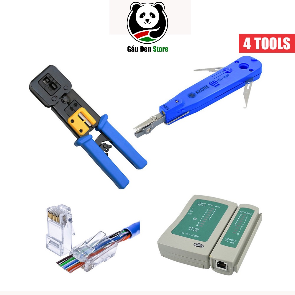 Bộ sản phẩm Kìm bấm xuyên thấu + Tool nhấn mạng+ 100 Hạt mạng xuyên thấu RJ45 + Hộp test mạng