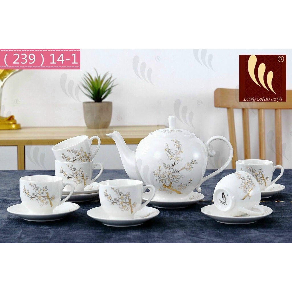 BỘ ẤM VÀ TÁCH TRÀ SỨ TRÁNG MEN CAO CẤP HÀN QUỐC GỒM 6 TÁCH KÈM 6 ĐĨA LÀM QUÀ TẶNG TUYỆT VỜI