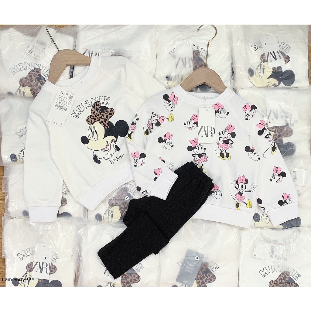 Sét bộ bé gái thu đông Zara, Bộ áo mickey trắng dài tay kèm quần đen cho bé chất cotton 4 chiều size 1y-5y