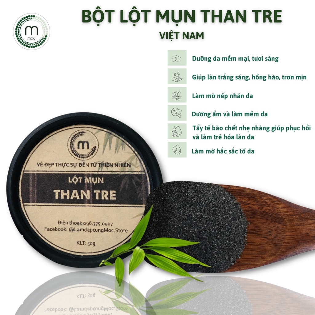 Bột lột mụn than tre hoạt tính Nhật Bản MỘC - loại bỏ mụn cám, mụn đầu đen khu vực mũi và má hũ 50g