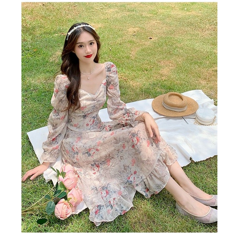 M136 - Váy voan hoa midi Ulzzang cổ V tay dáng dài viền bèo vintage phong cách cổ điển có Bigsize