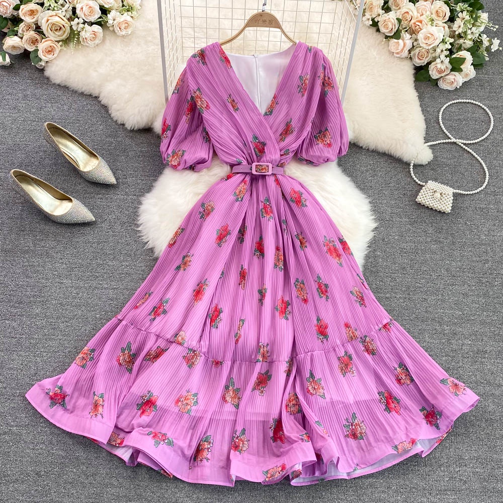 Đầm tay ngắn dáng cổ chữ V chất voan họa tiết nhẹ nhàng kèm thắt lưng 6 màu