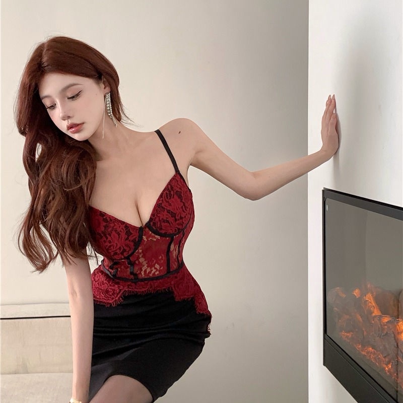 Đầm Ngắn Ôm Eo Phối Ren Cổ Thấp Màu Sáng Phong Cách Mùa Hè Cho Nữ