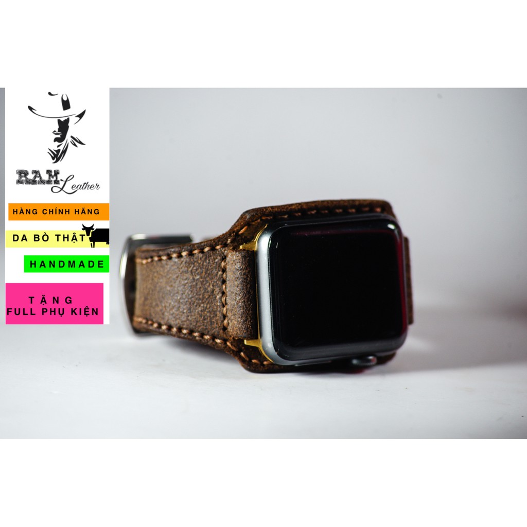 Dây apple watch da bò thật chống mồ hôi RAM Leather bx mài nhám - tặng khóa chốt và adapter