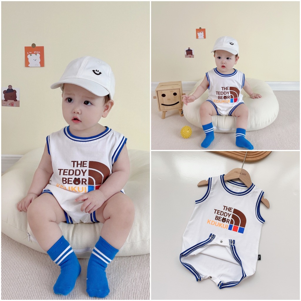 Bộ Áo Liền Quần Không Tay Bằng Vải Cotton In Hoạt Hình Dành Cho Bé Trai Gái 0-24 Tháng Tuổi