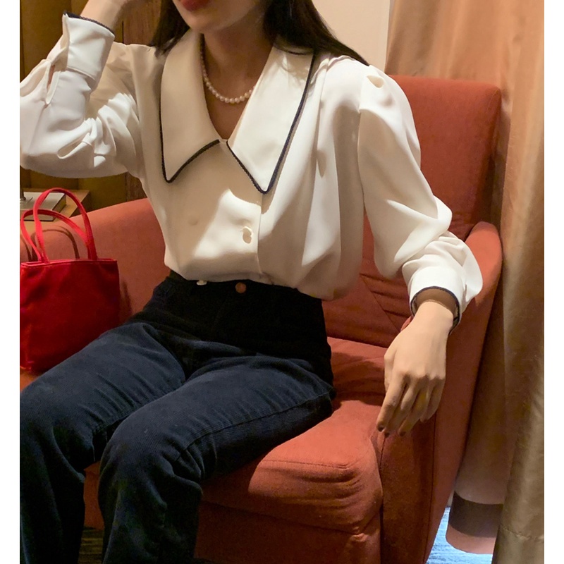 SUXI Áo sơ mi nữ tay dài phồng cổ chữ V phong cách vintage Hàn Quốc thanh lịch