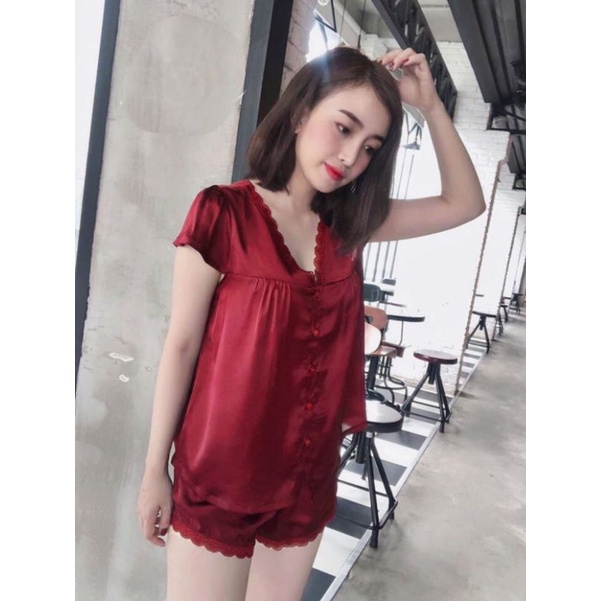 Bộ ngủ lụa satin babydoll phối ren xinh xắn &lt; 60kg