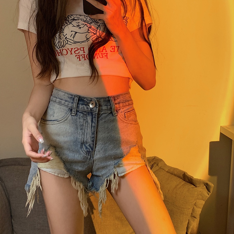 LALISAS Quần short denim lưng cao ôm dáng thời trang Hàn Quốc cho nữ