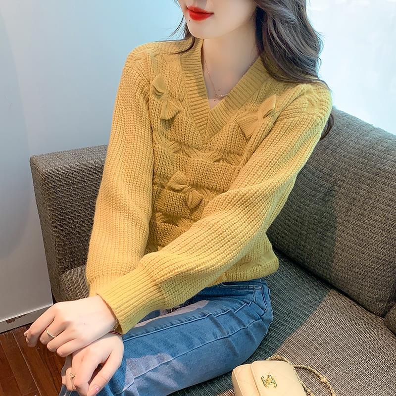 Áo Len Dệt Kim Chui Đầu Cổ Chữ V Dáng Rộng Đính Nơ Phong Cách Thời Trang Mới Dành Cho Nữ  tao bao