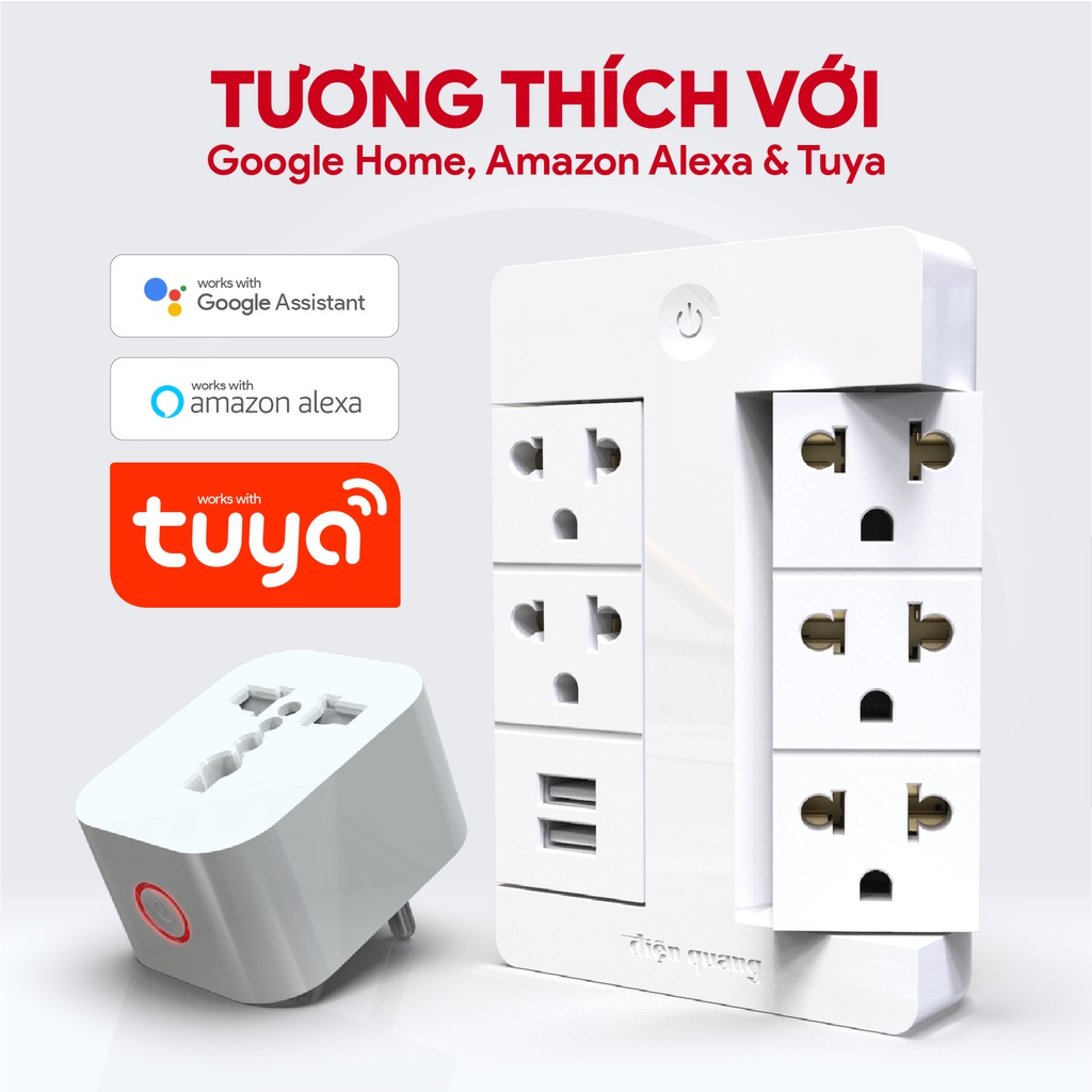Ổ cắm/phích cắm thông minh wifi Điện Quang, bật/tắt từ xa, hẹn giờ tự động, điều kiển giọng nói. BH 1 đổi 1