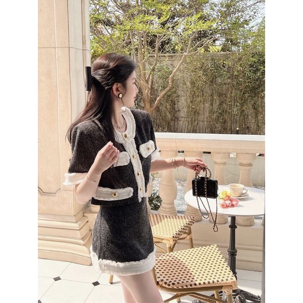 VIDEO ẢNH THẬT Set Áo Dạ Tweed Chân Váy Viền Đen Trắng