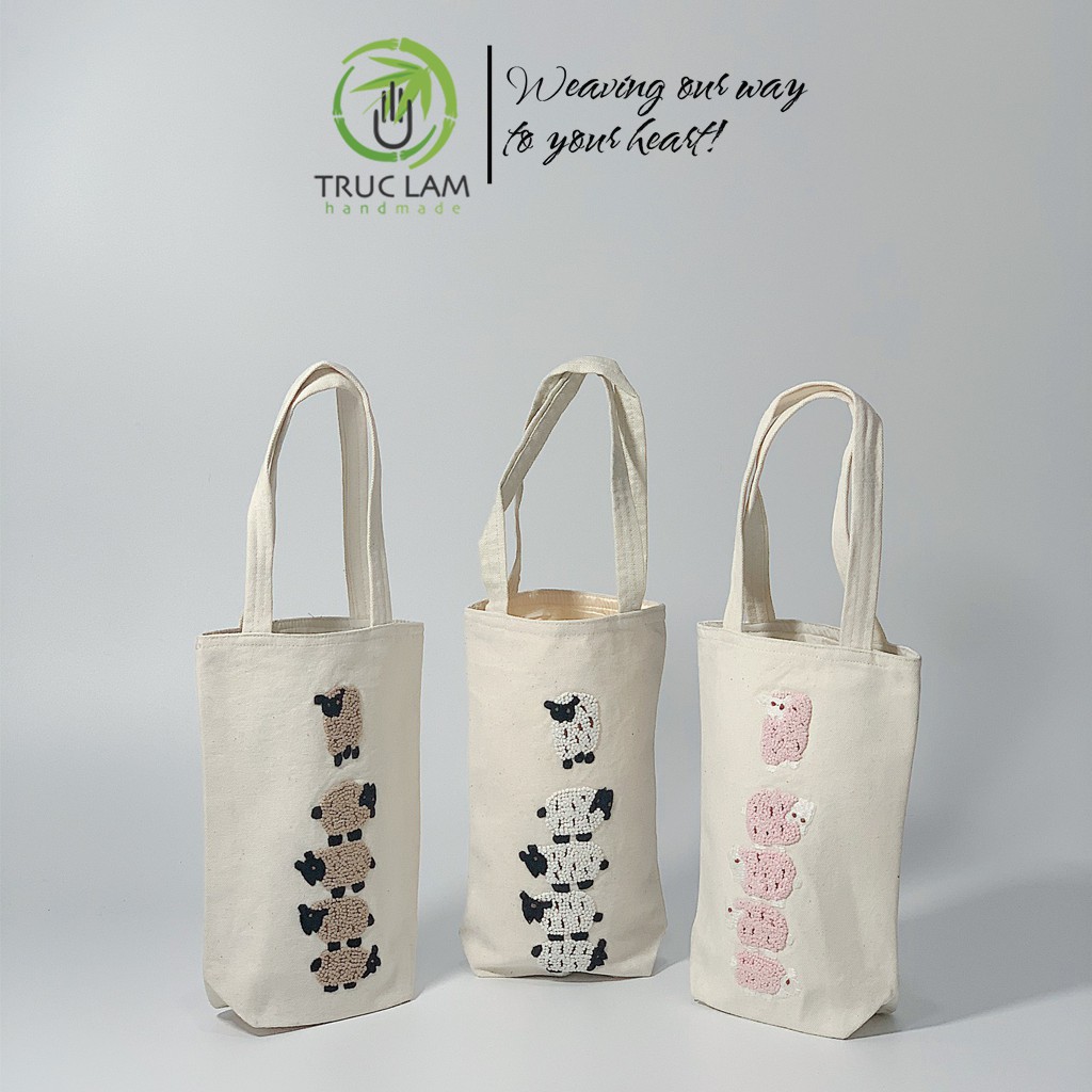 Túi Xách Tay Thêu Họa Tiết 5 Con Cừu Vải Canvas (A) - Trúc Lâm Handmade