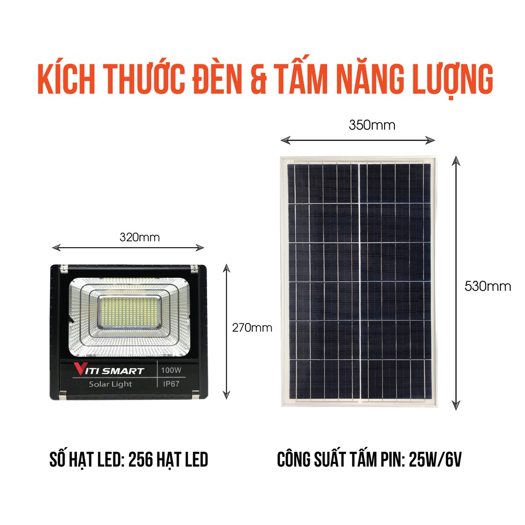 Đèn năng lượng mặt trời, đèn led sân vườn công suất 100W, chống nước tiêu chuẩn IP67, bảo hành 24 tháng, lỗi 1 đổi 1