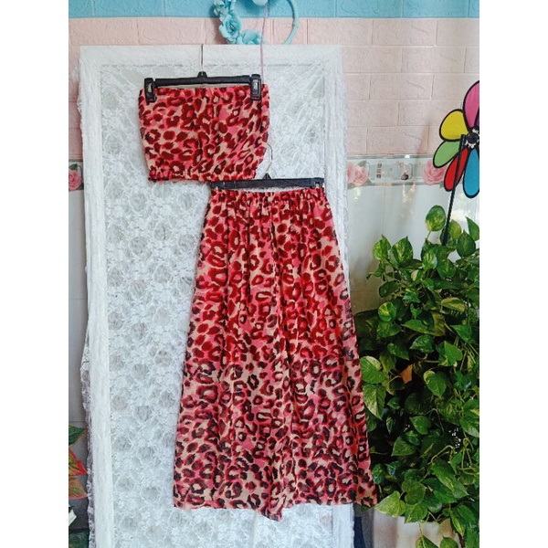 Thanh lí set bộ voan hoạ tiết da beo hồng quần ống rộng + áo ống xinh size S
