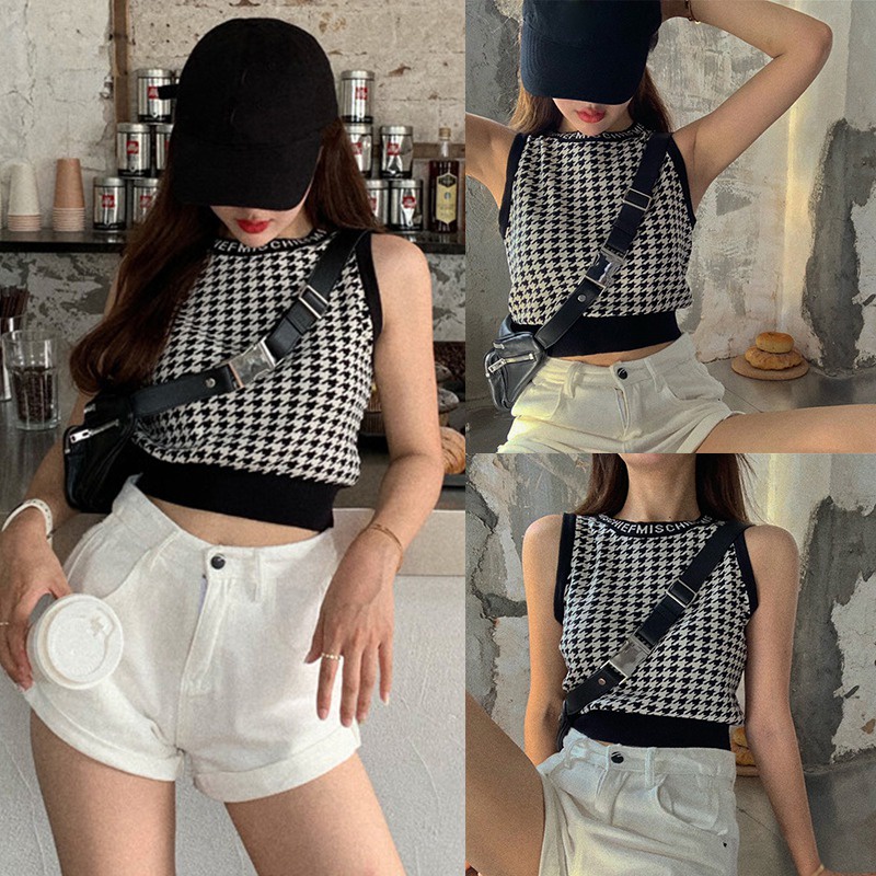 Áo Tank Top Dệt Kim Sát Nách Màu Đen Kẻ Sọc Ca Rô Xinh Xắn Cho Nữ