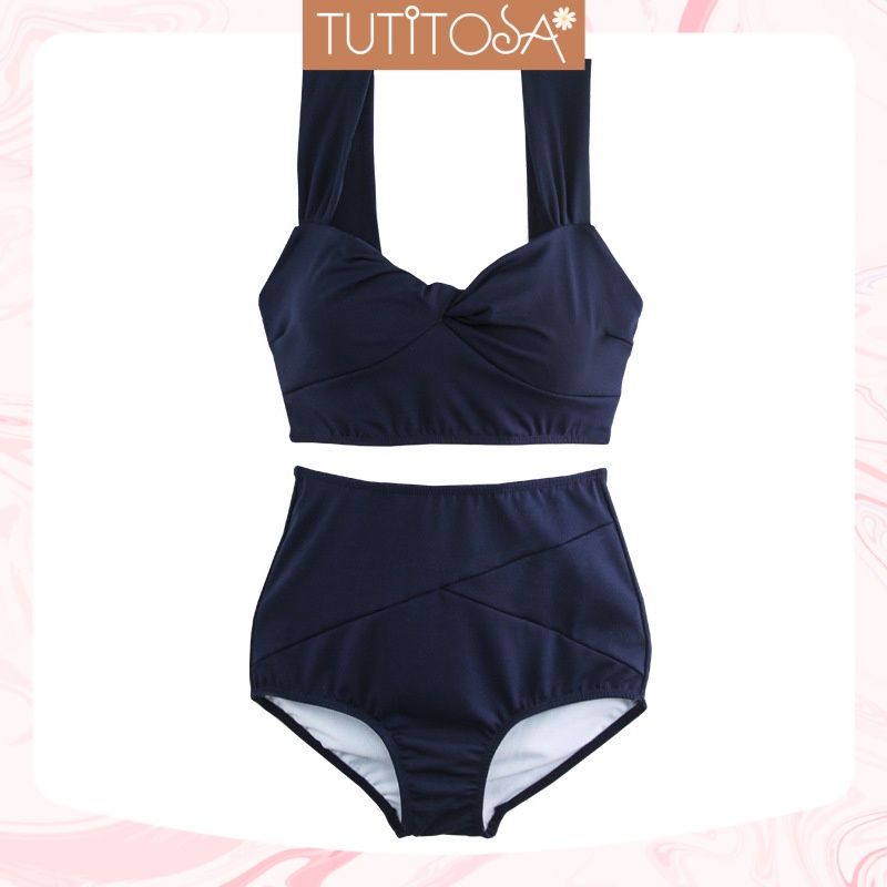 Bikini hai mảnh, Đồ tắm nâng ngực che bụng kín đáo màu xanh navy