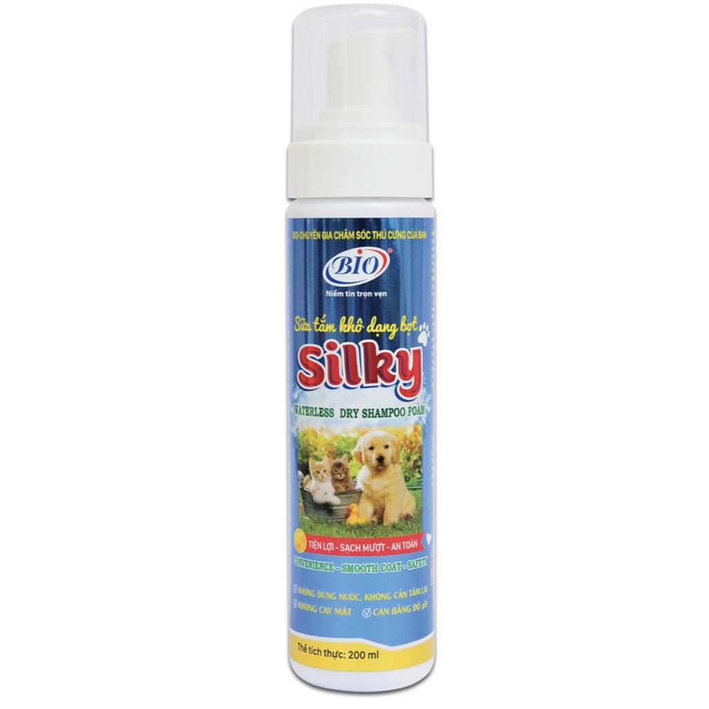 Sữa tắm khô chó mèo Bio silky 200ml, xà phòng bọt tắm không dùng nước du lịch cho cún mèo Con Mèo Xiêm