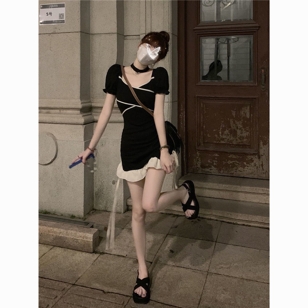 Đầm ngắn mỏng khoe eo cột dây màu phong cách hot girl kiểu Pháp mùa hè cho nữ hơi mũm mĩm