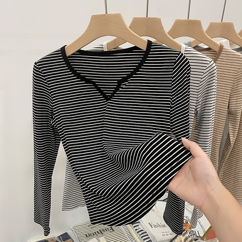 Áo Thun Kẻ Sọc Cổ Chữ v Phong Cách Hàn Quốc Thời Trang Mùa Thu Dành Cho Nữ 54921