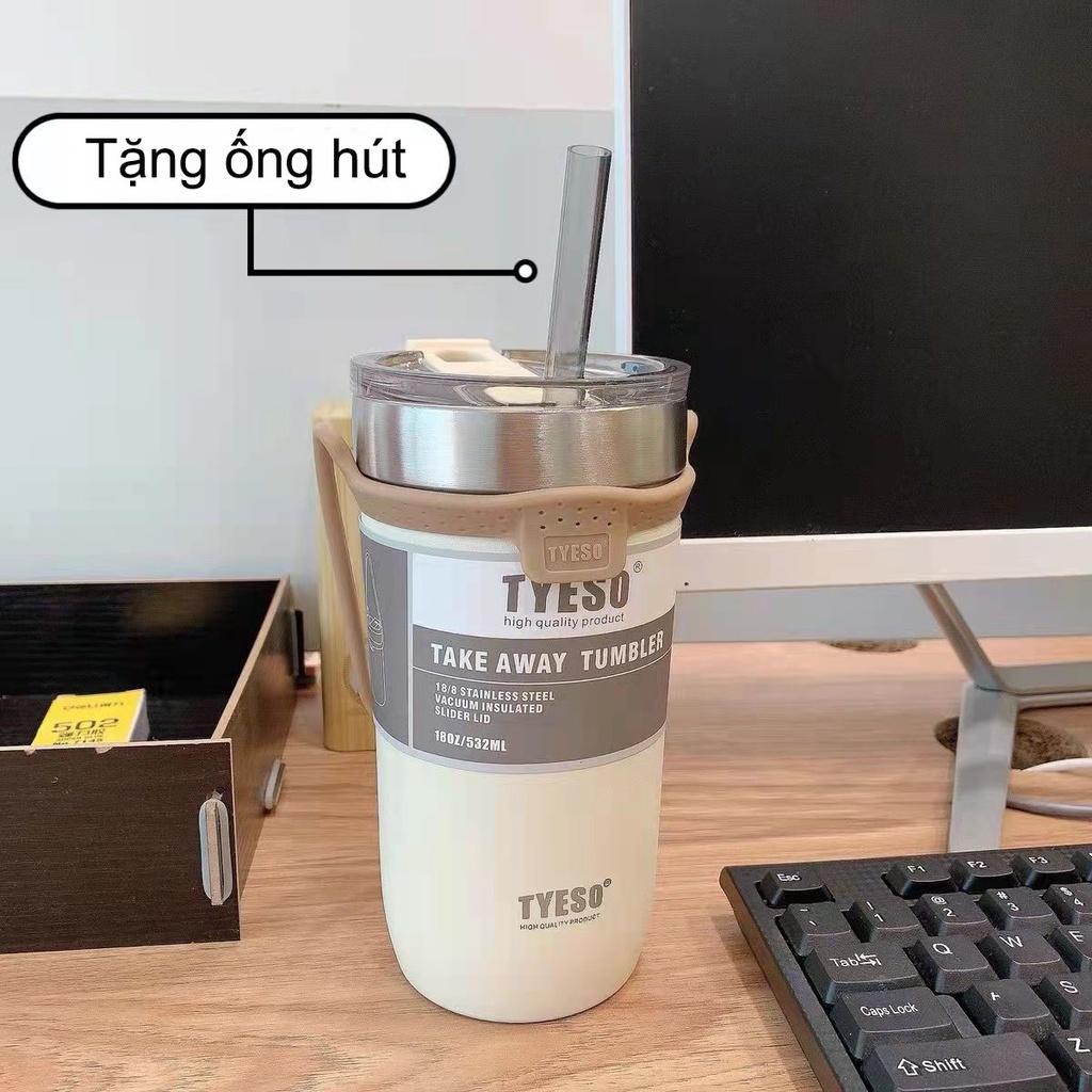 Ly Giữ Nhiệt Tyeso 710ml Thiết Kế Dễ Thương Inox Có Quai Xách Silicone Rộng Rãi Tặng Ống Hút