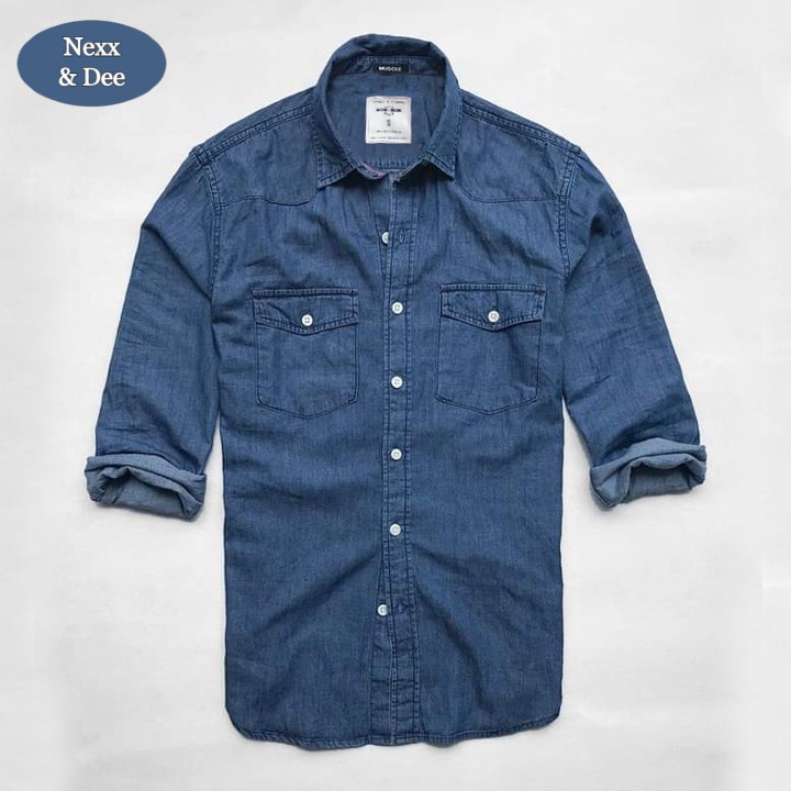 Áo sơ mi nam denim Nexx & Dee tay dài vải jean mềm hai túi công sở trung niên ND03