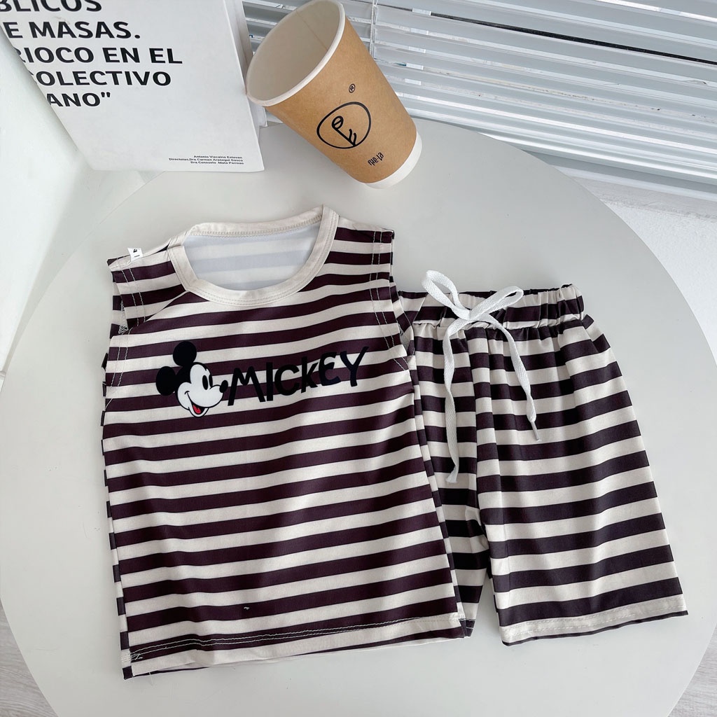 Bộ Sát Cho Bé Gái, Bộ Ba Lỗ Kẻ In Hình Micky Cho Bé Trai Bé Gái Chất Cotton Thun Lạnh từ 7-28 kg - LILA KIDS