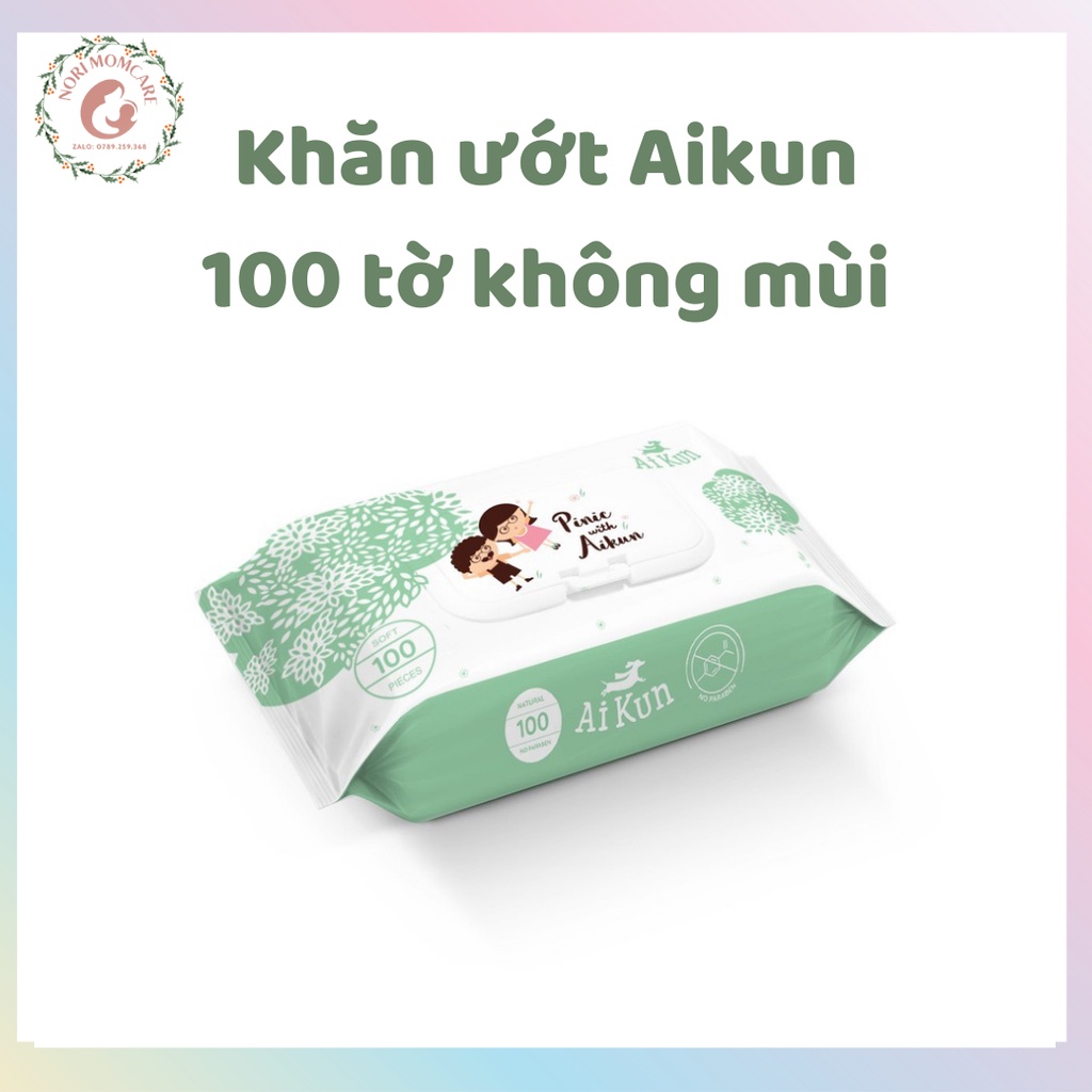 Khăn ướt Aikun kháng khuẩn 100 tờ không mùi vải bi màu xanh