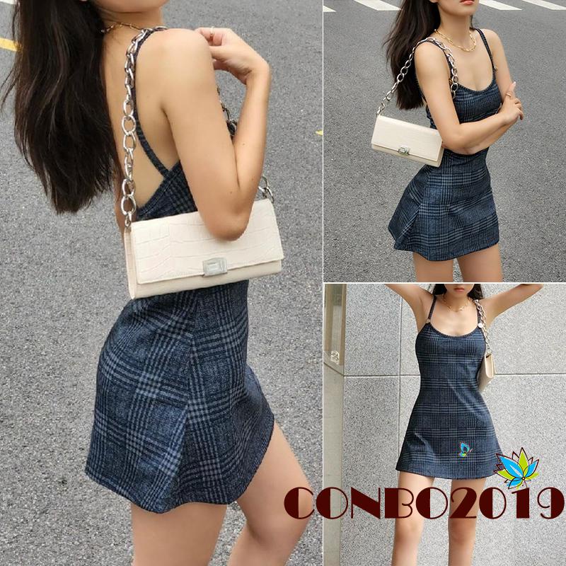 Đầm không tay Hở Lưng Họa Tiết Caro Thời Trang Quyến Rũ