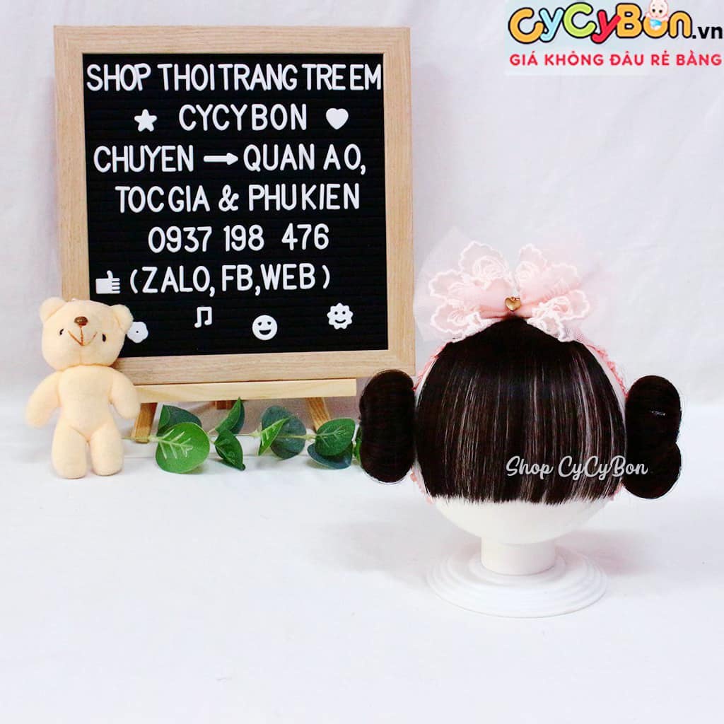 Băng Đô Tóc Giả Cho Bé Thun Nơ Màu Hồng Kèm Tóc Mái Ngang Và 2 Búi
