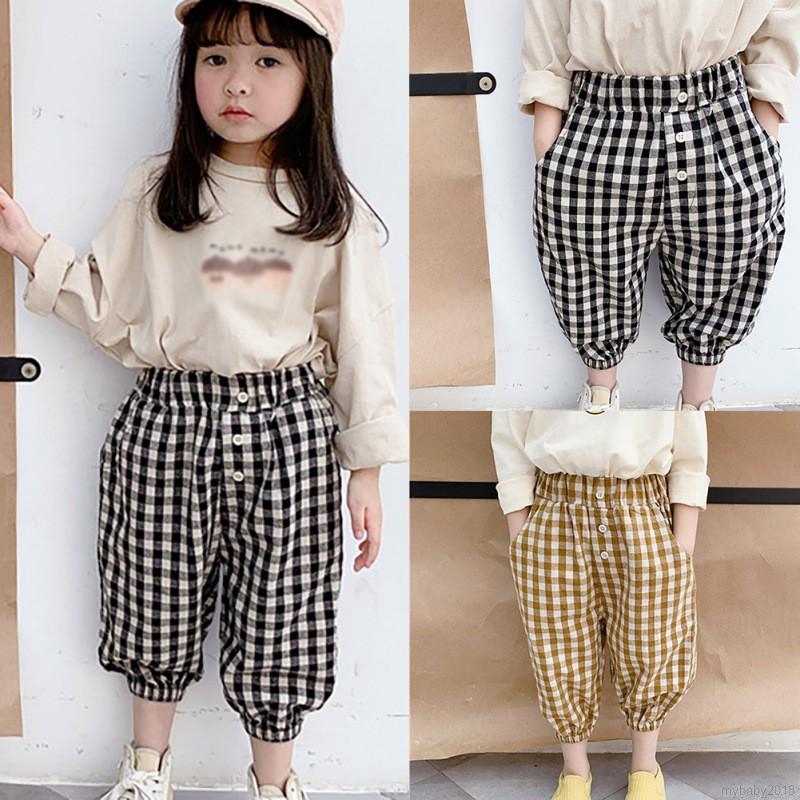 MYBABY Baby Girls Boy Cotton Pants Pocket Lattice Baby Loose Casual Pants