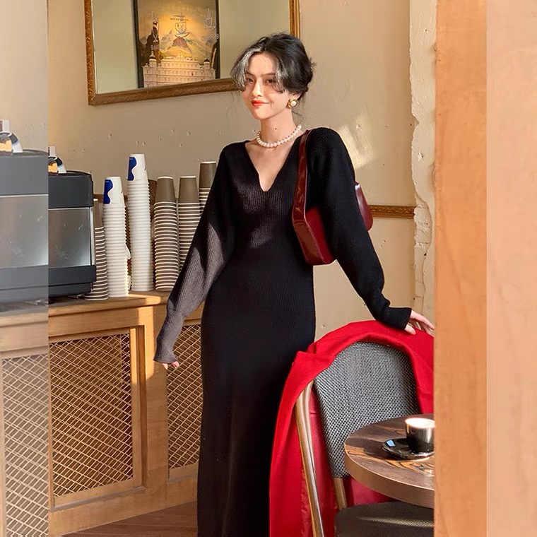 DUNEA Đầm đỏ tay dài cổ chữ v phong cách retro cho nữ