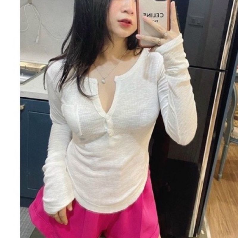 Áo kiểu  túi trước nút cài chất  Len gân NG alohashop91