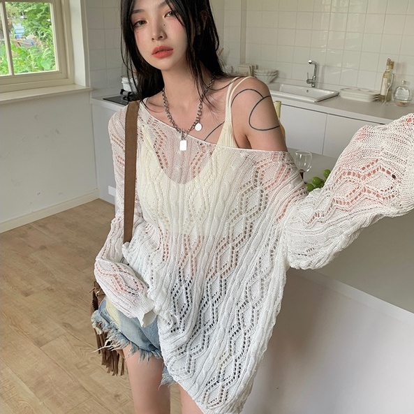 Áo dệt kim ZHELIHANGFEI tay dài dáng rộng chống nắng thời trang đi biển trẻ trung