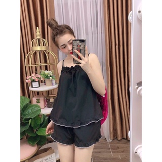 Sét bộ tiểu thư mặc nhà chất lụa satin phối áo hai dây quần lửng freesize từ kg