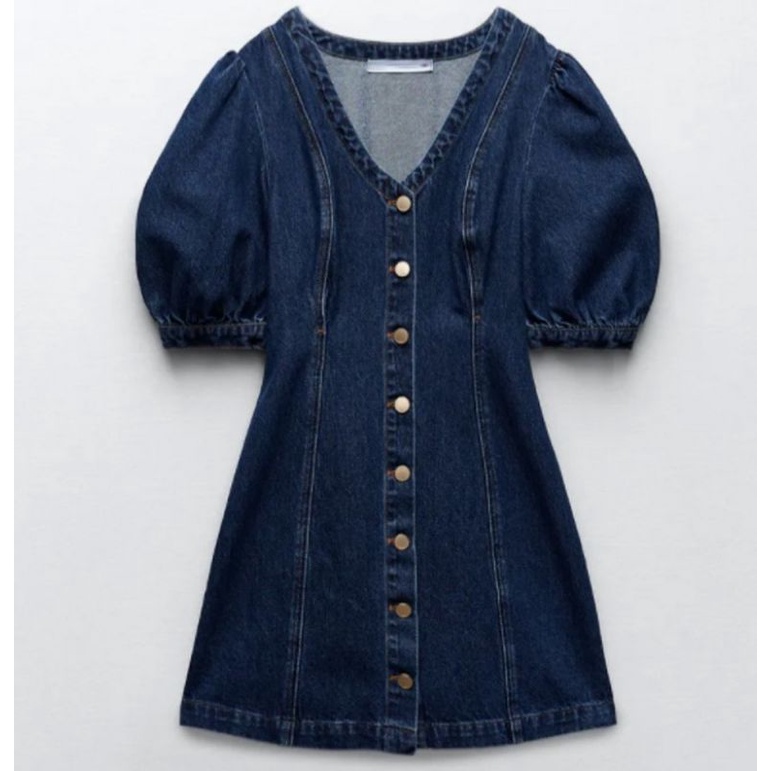 Váy jean ngắn vai bồng cổ V ZR